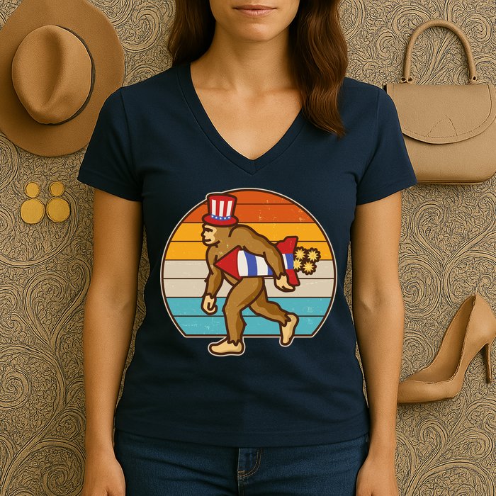 Retro Fourth 4th of July Firecracker Rocket Bigfoot Women's V-Neck T-Shirt