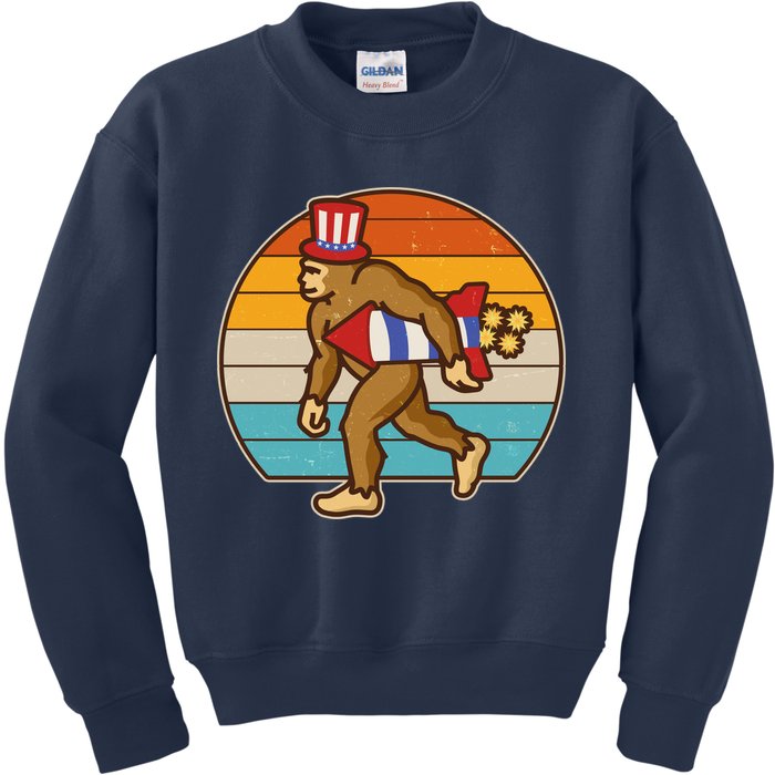 Retro Fourth 4th of July Firecracker Rocket Bigfoot Kids Sweatshirt
