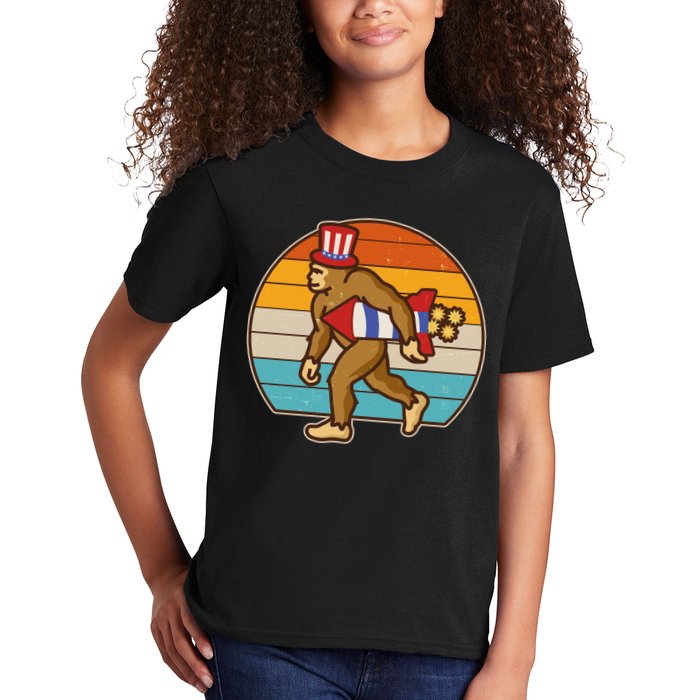 Retro Fourth 4th of July Firecracker Rocket Bigfoot Kids T-Shirt