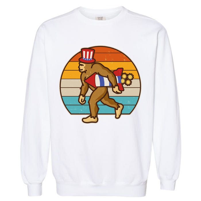 Retro Fourth 4th of July Firecracker Rocket Bigfoot Garment-Dyed Sweatshirt