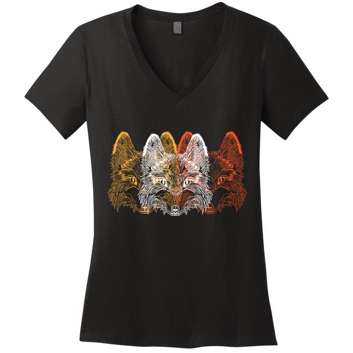 Retro Fox Faces Women's V-Neck T-Shirt
