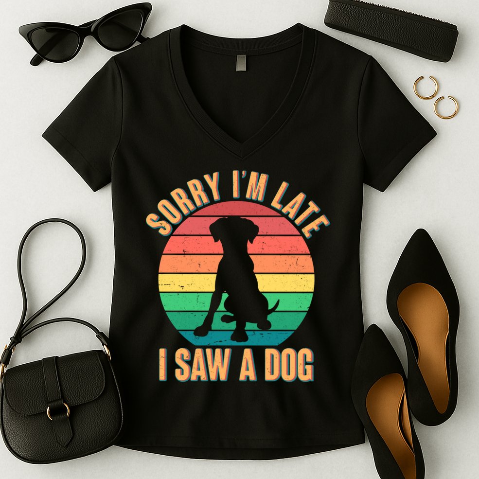 Retro Funny Sorry I'm Late I Saw A Dog Women's V-Neck T-Shirt