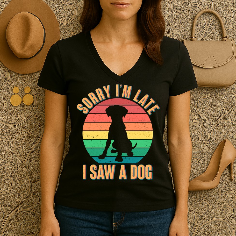Retro Funny Sorry I'm Late I Saw A Dog Women's V-Neck T-Shirt