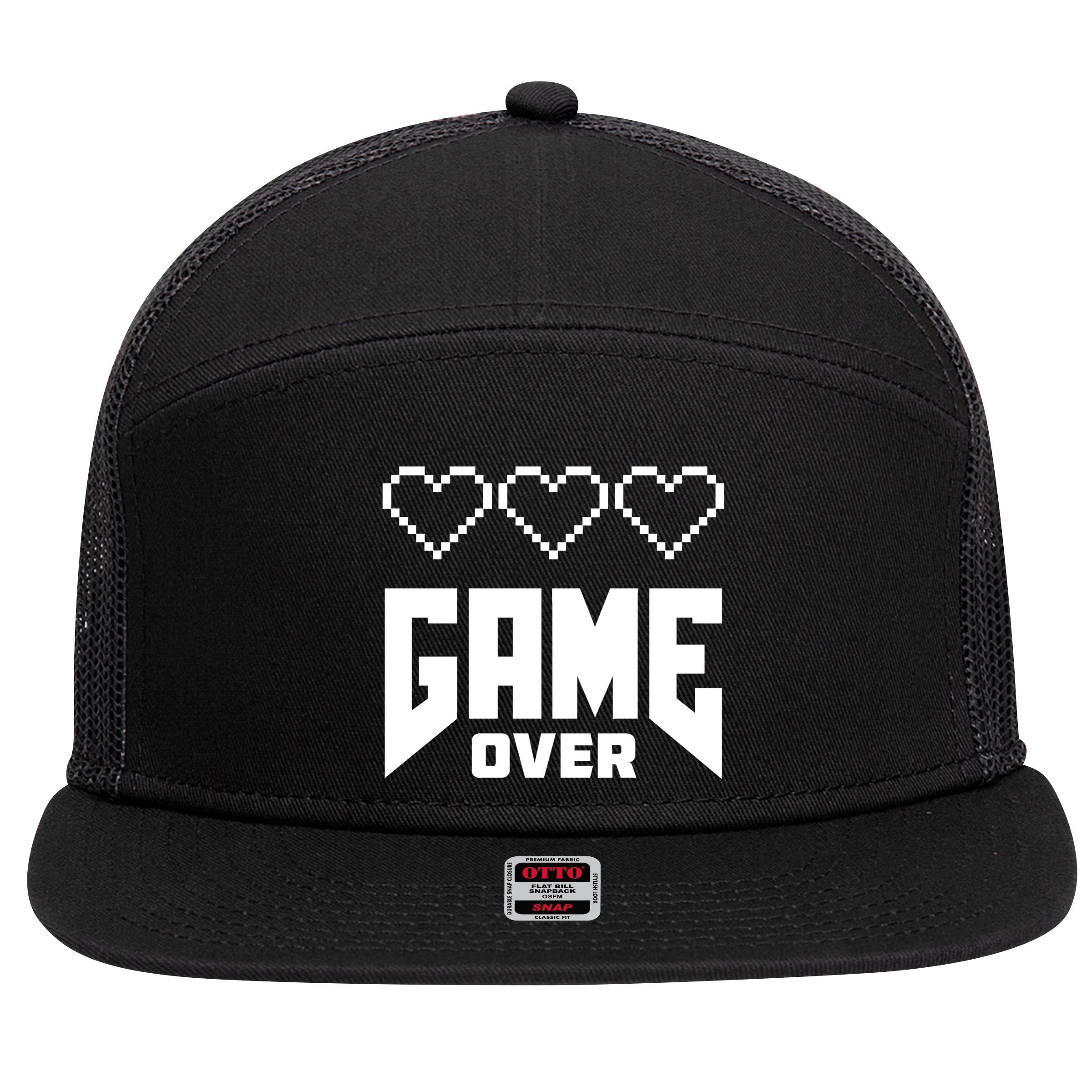 Retro Game Over Out Of Hearts 7 Panel Mesh Trucker Snapback Hat