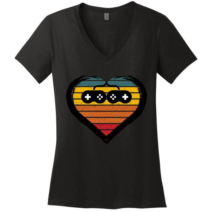 Retro Gamer Heart Women's V-Neck T-Shirt