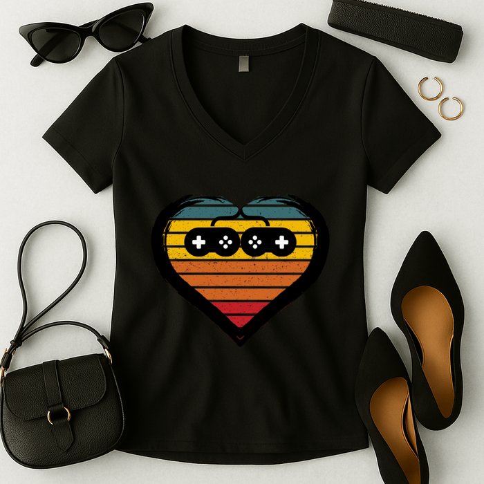 Retro Gamer Heart Women's V-Neck T-Shirt