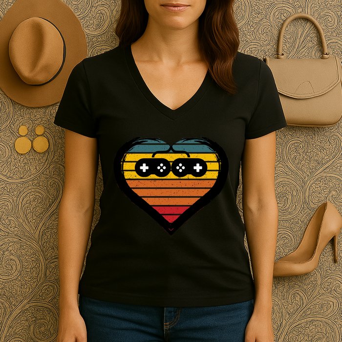 Retro Gamer Heart Women's V-Neck T-Shirt