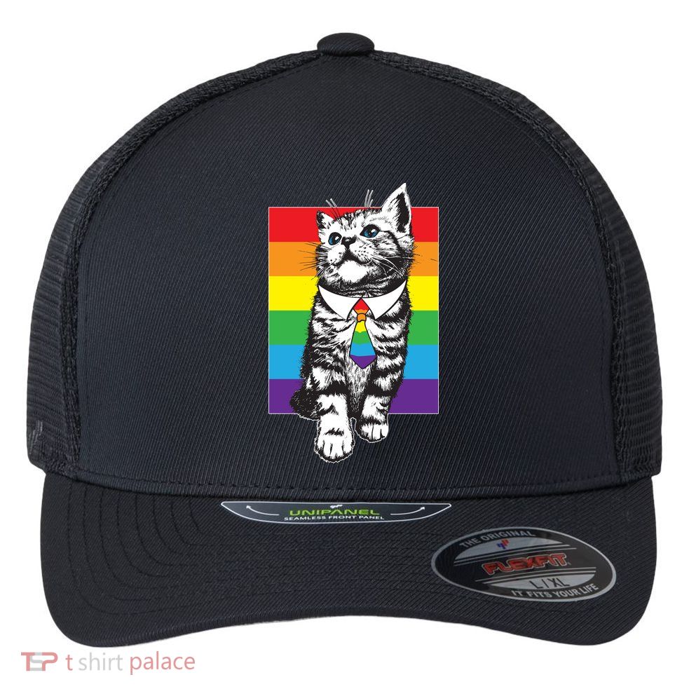 Retro Gay Pride Ally Support Kitten Flexfit Unipanel Trucker Cap