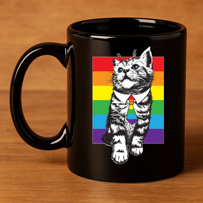 Retro Gay Pride Ally Support Kitten 11oz C Handle Ceramic Mug