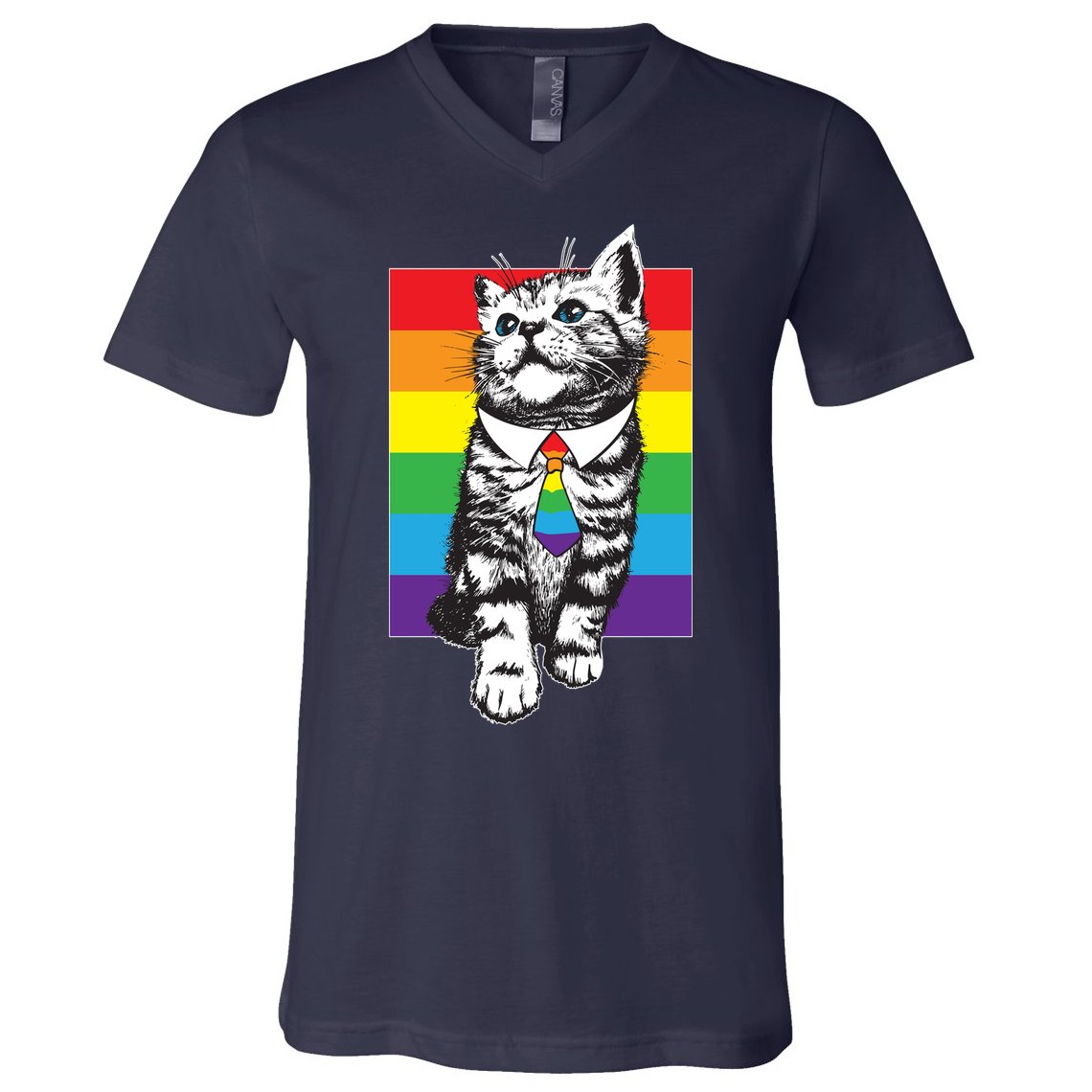 Retro Gay Pride Ally Support Kitten V-Neck T-Shirt