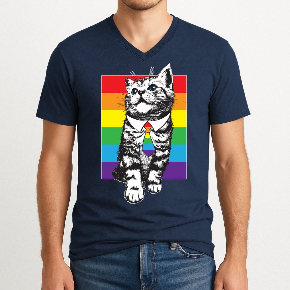 Retro Gay Pride Ally Support Kitten V-Neck T-Shirt