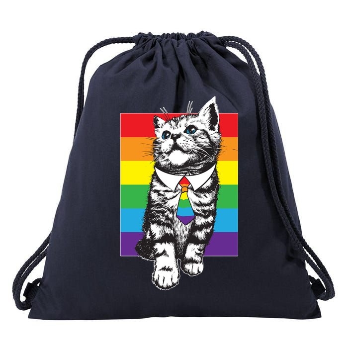Retro Gay Pride Ally Support Kitten Drawstring Bag