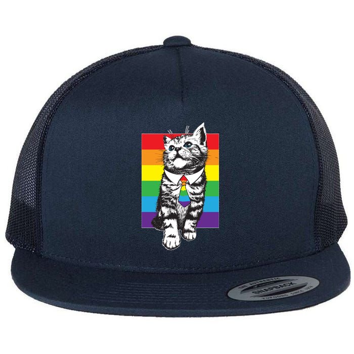 Retro Gay Pride Ally Support Kitten Flat Bill Trucker Hat