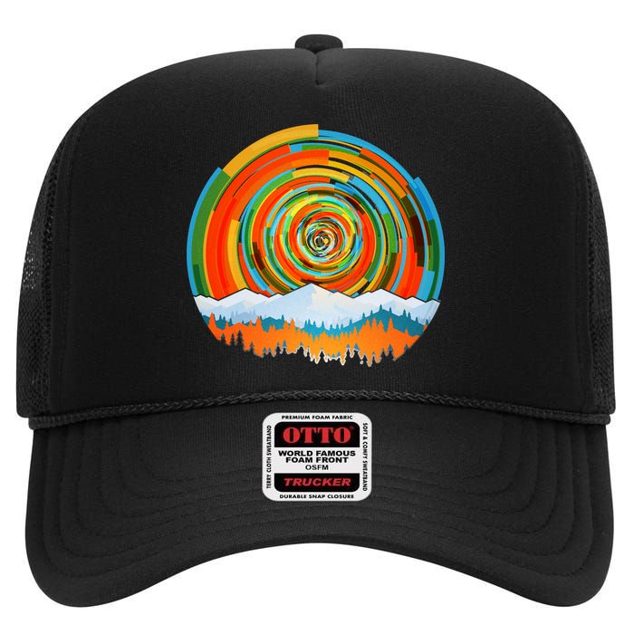 Retro Geometric Sunrise High Crown Mesh Back Trucker Hat