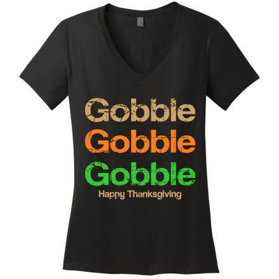 Retro Gobble Funny Thanksgiving Women's V-Neck T-Shirt