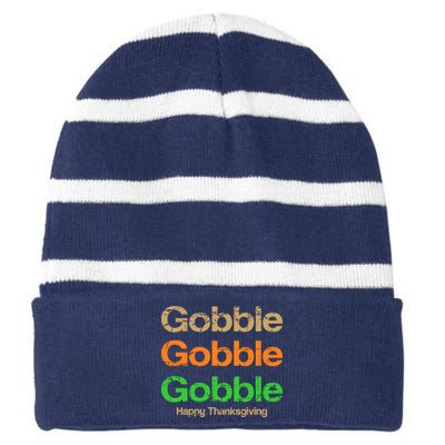 Retro Gobble Funny Thanksgiving Striped Beanie with Solid Band