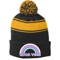 Retro Good Vibes Rainbow Stripe Pom Pom Beanie