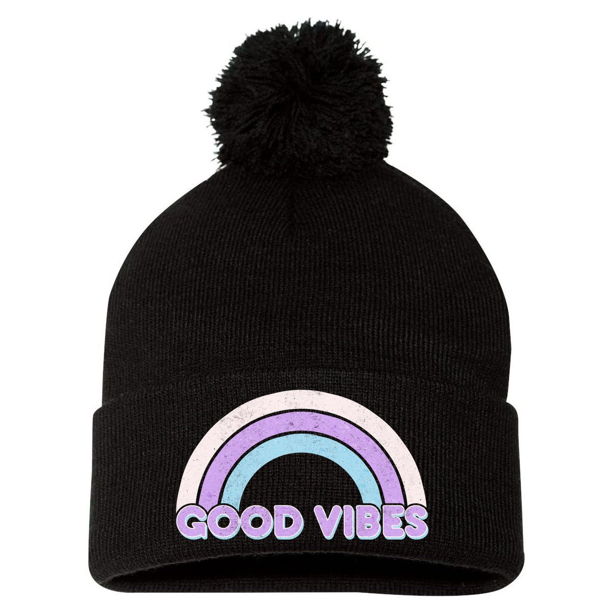 Retro Good Vibes Rainbow Pom Pom 12in Knit Beanie