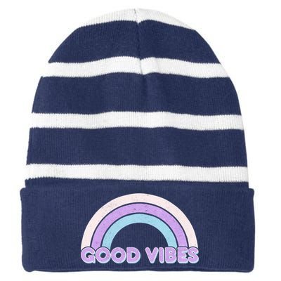 Retro Good Vibes Rainbow Striped Beanie with Solid Band