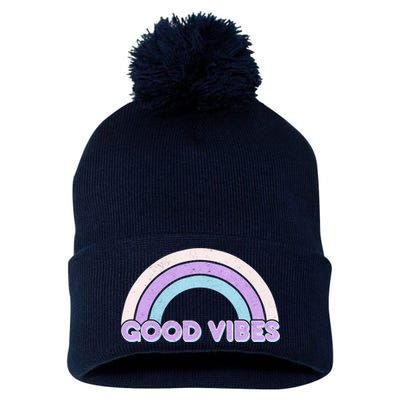 Retro Good Vibes Rainbow Pom Pom 12in Knit Beanie