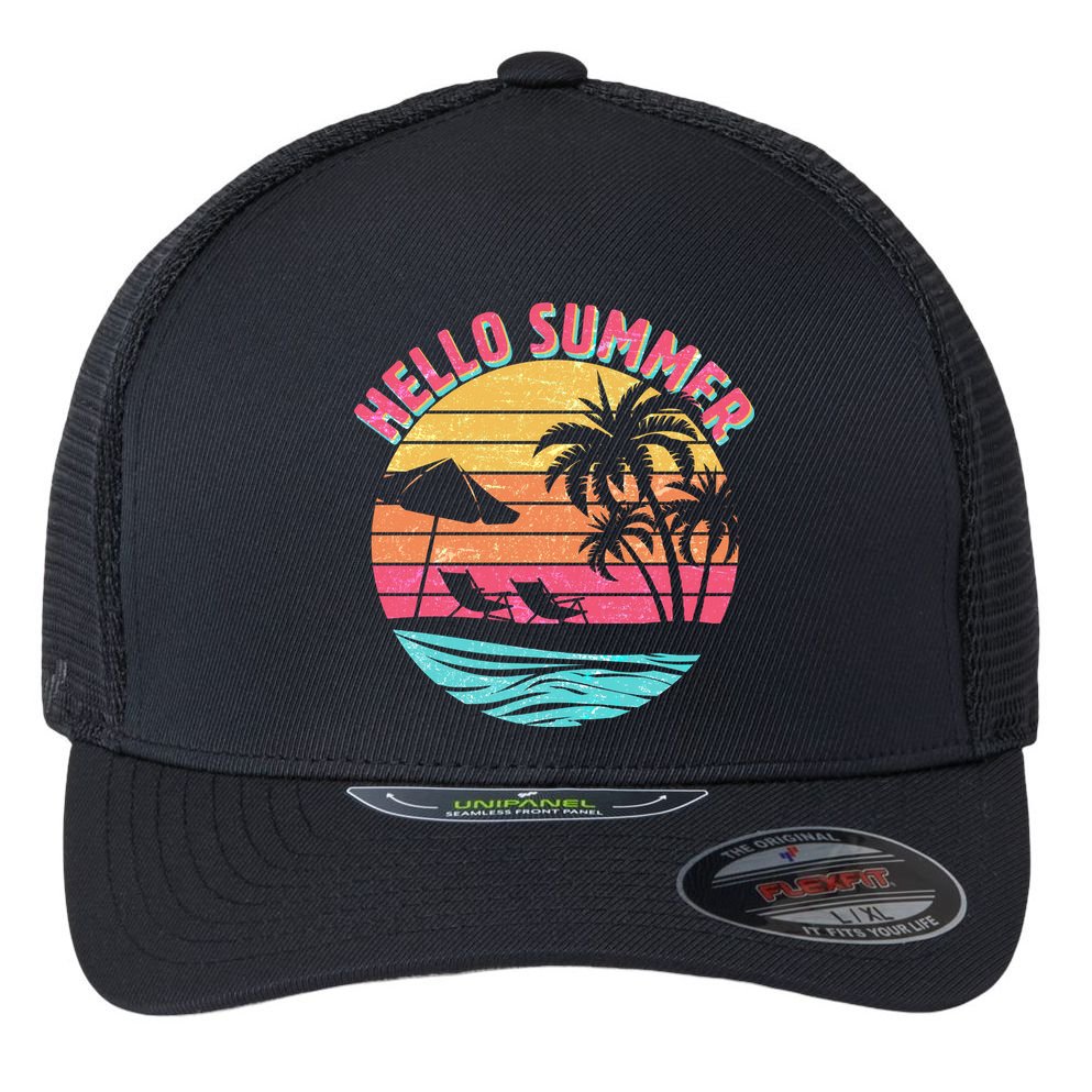 Retro Hello Summer Flexfit Unipanel Trucker Cap