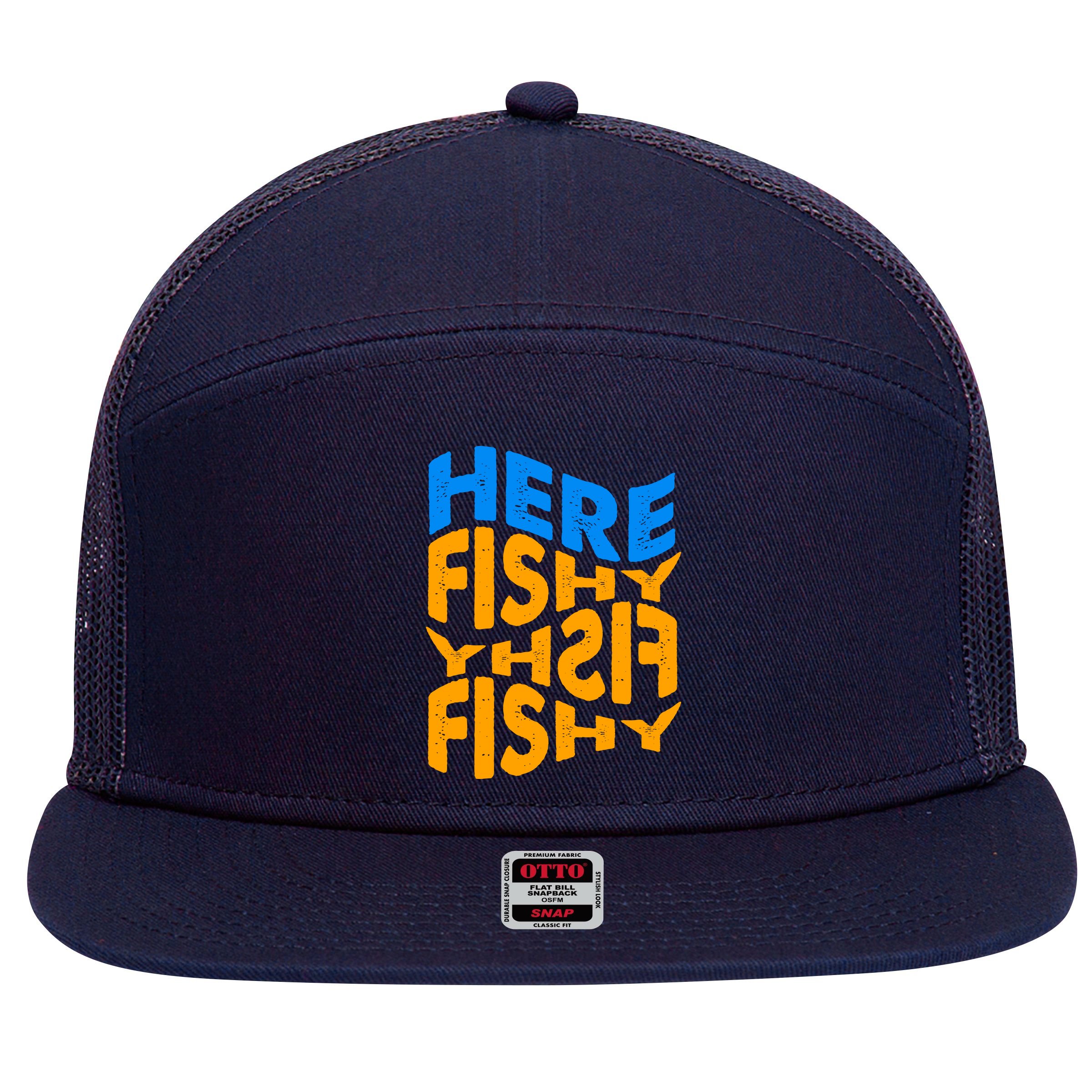 Retro Here Fishy Fishy Fishy 7 Panel Mesh Trucker Snapback Hat