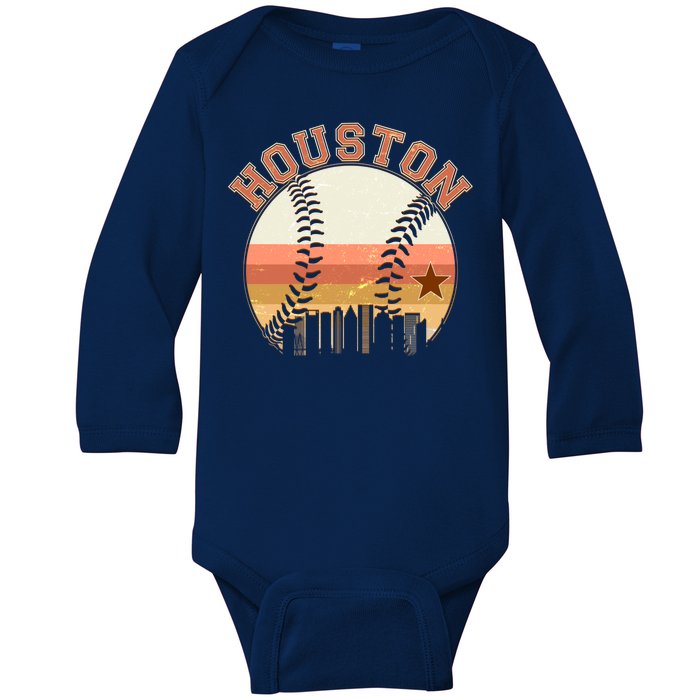 Retro Houston Baseball Fan Baby Long Sleeve Bodysuit