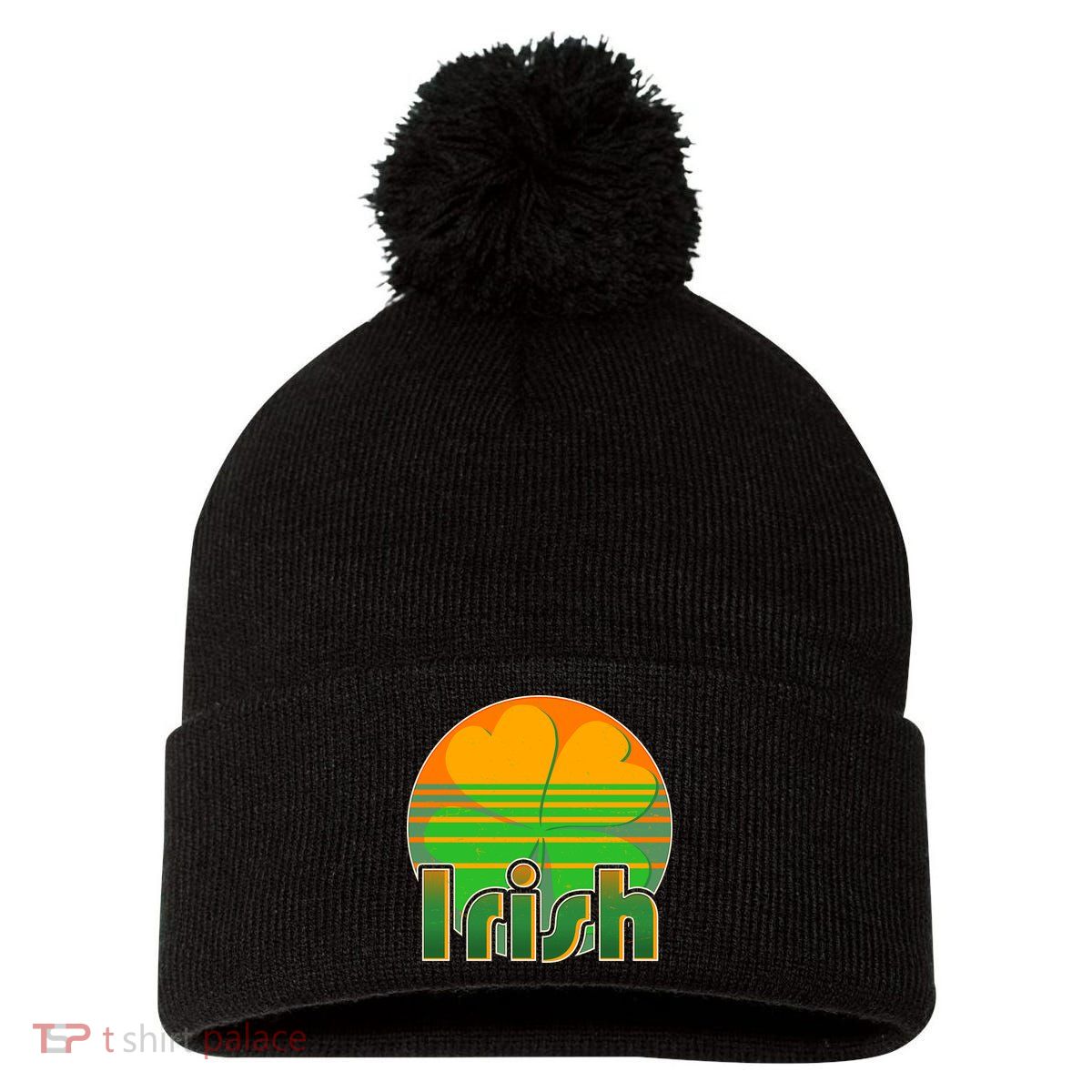 Retro Irish Shamrock Emblem Pom Pom 12in Knit Beanie