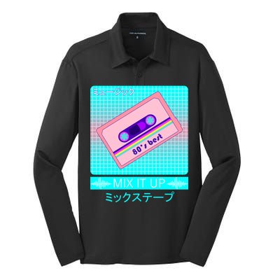 Retro Japanese Vaporwave Mix Tape Silk Touch Performance Long Sleeve Polo