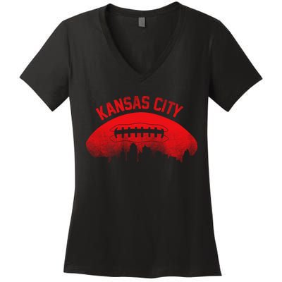 Retro Kansas City Football Skyline Women's V-Neck T-Shirt