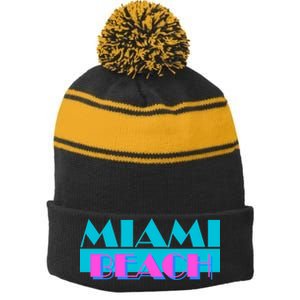 Retro Miami Beach Logo Stripe Pom Pom Beanie