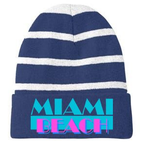 Retro Miami Beach Logo Striped Beanie with Solid Band