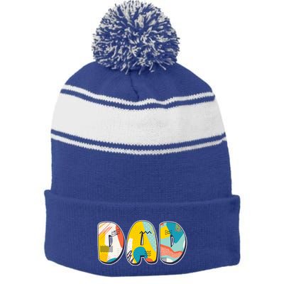Retro Mod Pattern Dad Logo Stripe Pom Pom Beanie