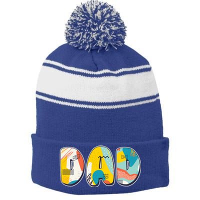 Retro Mod Pattern Dad Logo Stripe Pom Pom Beanie