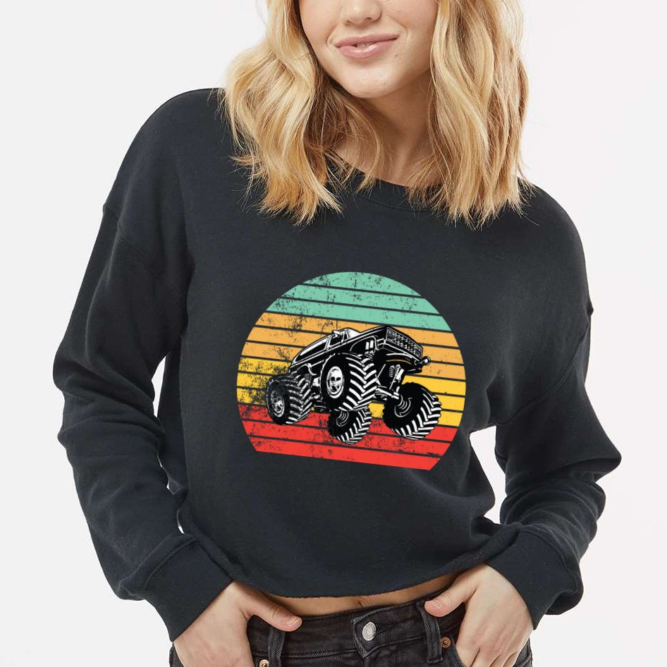 Retro Monster Truck Emblem Cropped Pullover Crew