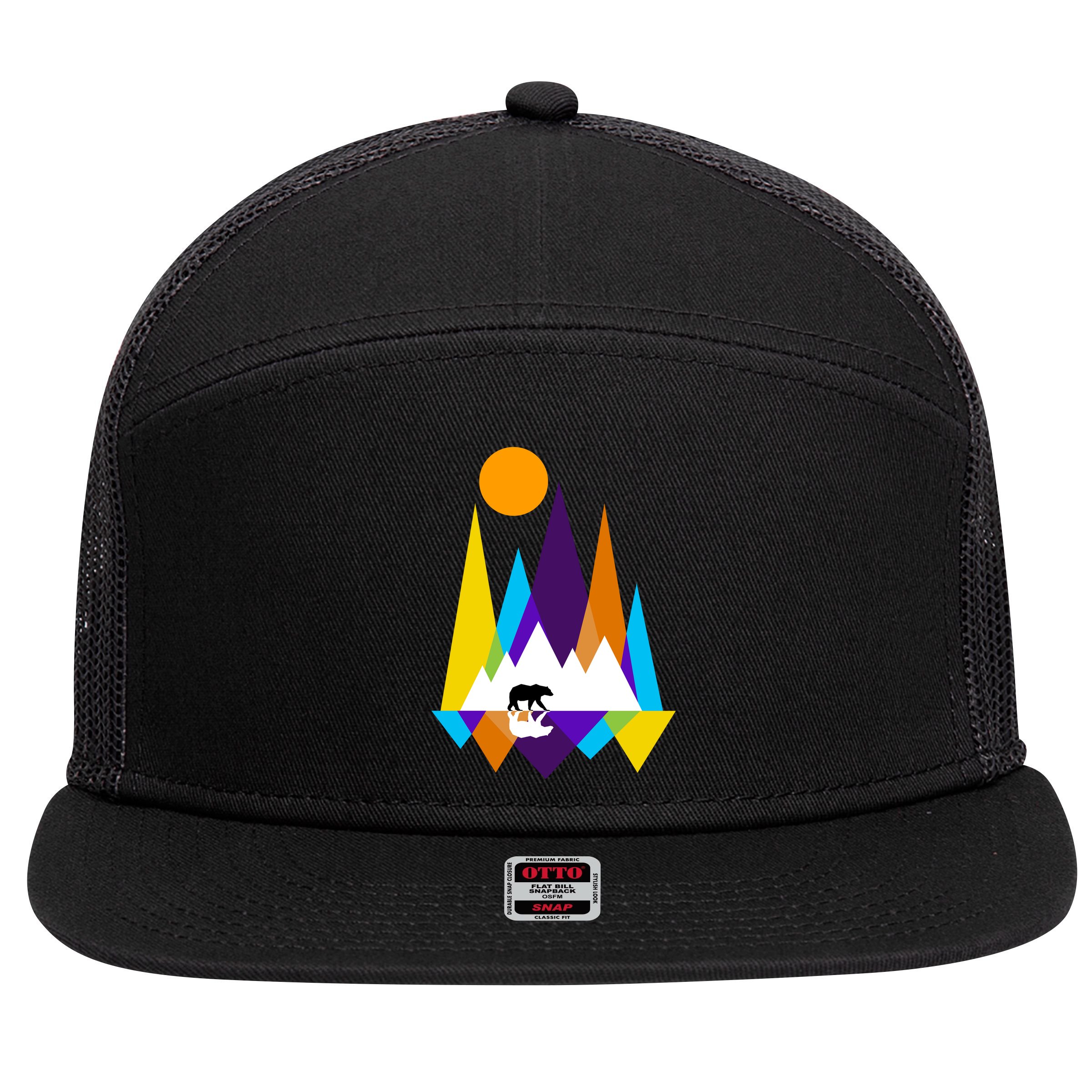 Retro Mount Bear Sunset 7 Panel Mesh Trucker Snapback Hat