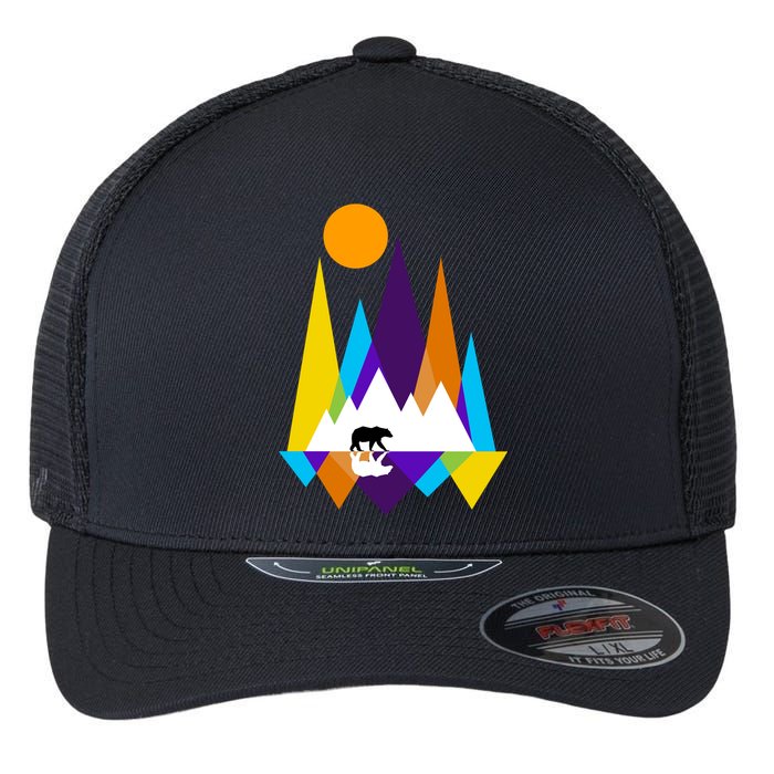 Retro Mount Bear Sunset Flexfit Unipanel Trucker Cap