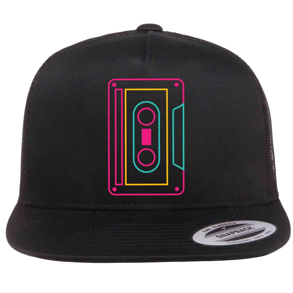 Retro Neon Cassette Tape Flat Bill Trucker Hat