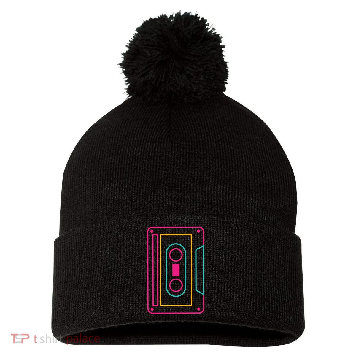 Retro Neon Cassette Tape Pom Pom 12in Knit Beanie