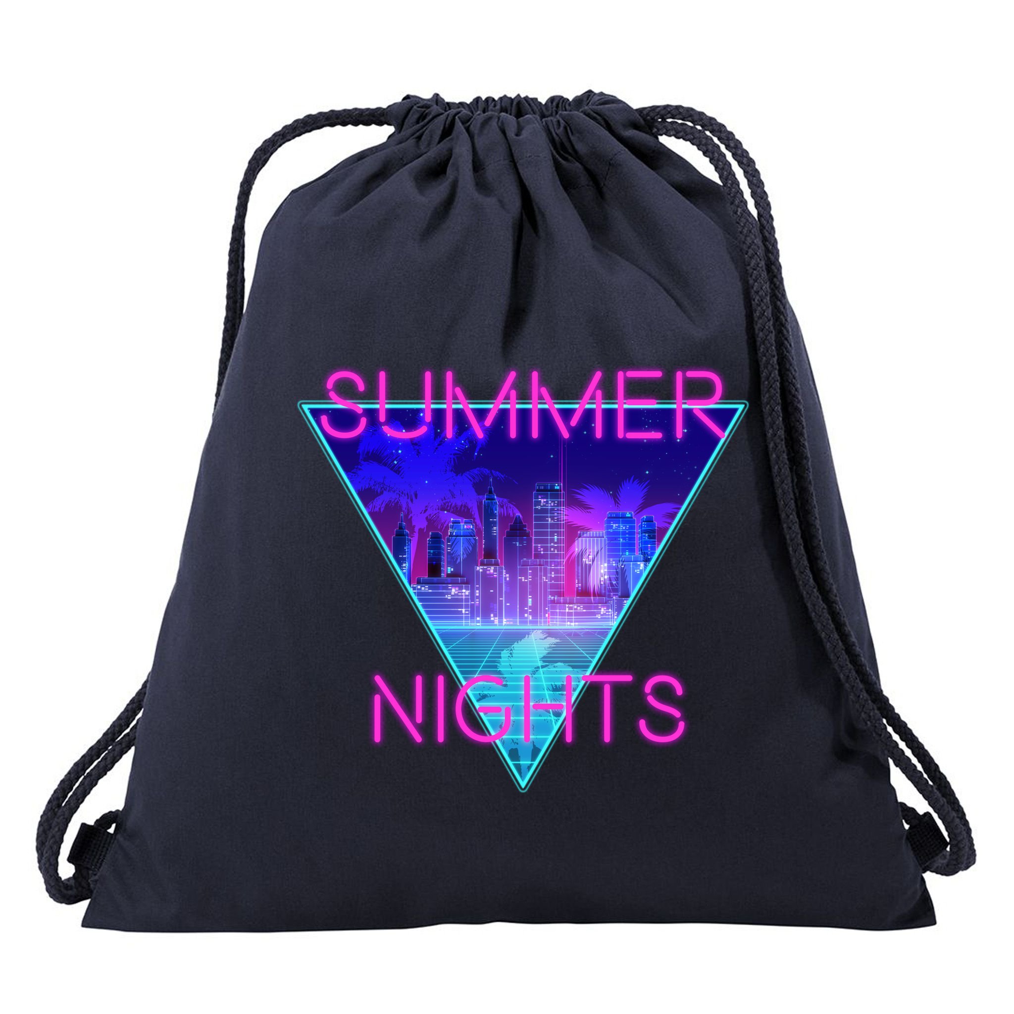 Retro Neon City Summer Nights Drawstring Bag