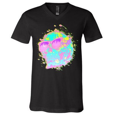 Retro Neon Skull V-Neck T-Shirt