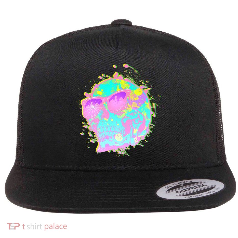 Retro Neon Skull Flat Bill Trucker Hat