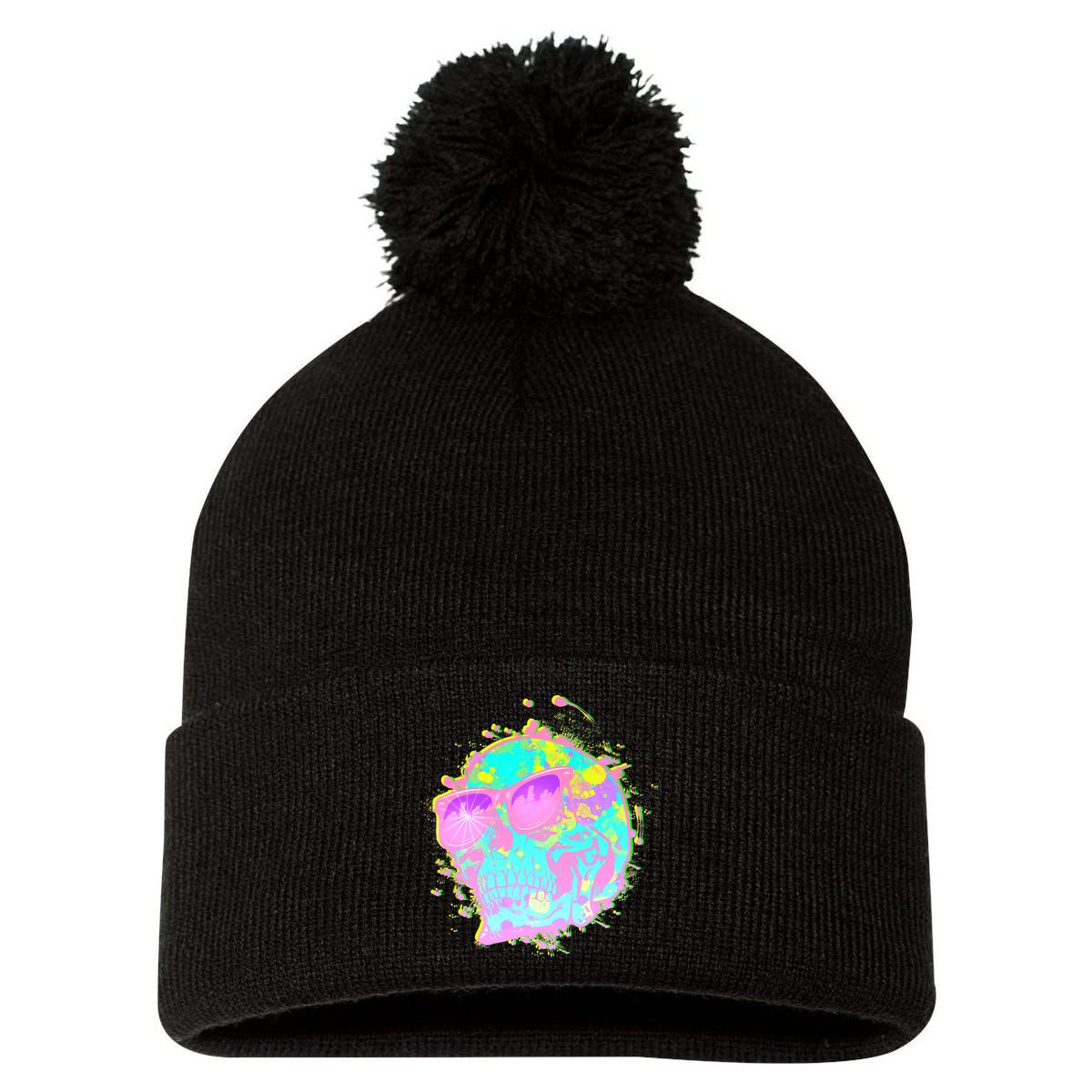 Retro Neon Skull Pom Pom 12in Knit Beanie