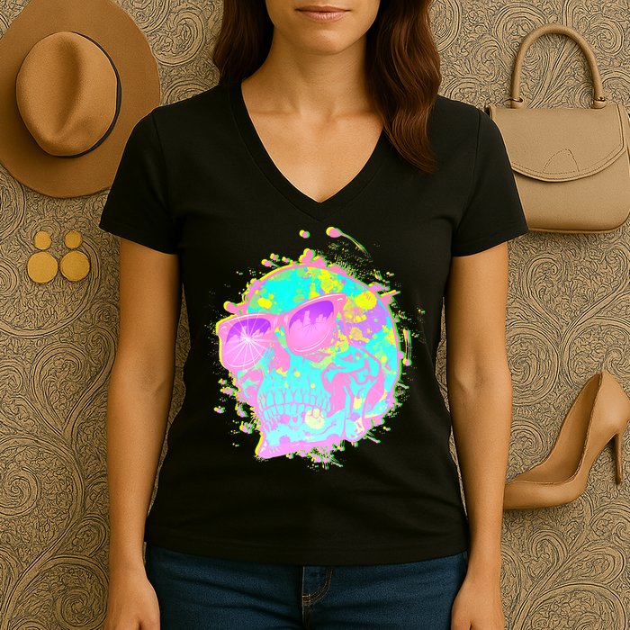 Retro Neon Skull Women's V-Neck T-Shirt