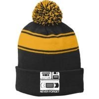Retro Never Forget Cassette Floppy Disk VHS Tape Stripe Pom Pom Beanie
