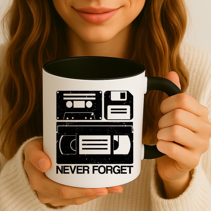 Retro Never Forget Cassette Floppy Disk VHS Tape Mug
