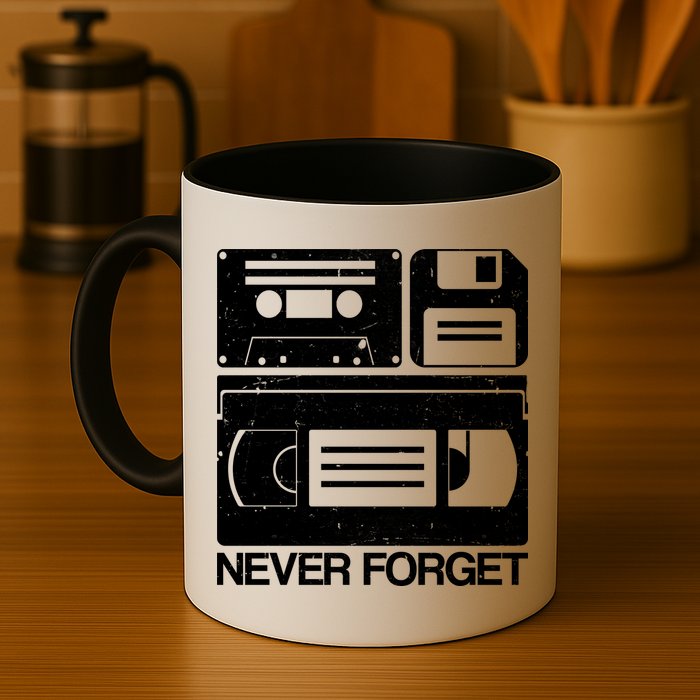 Retro Never Forget Cassette Floppy Disk VHS Tape Mug