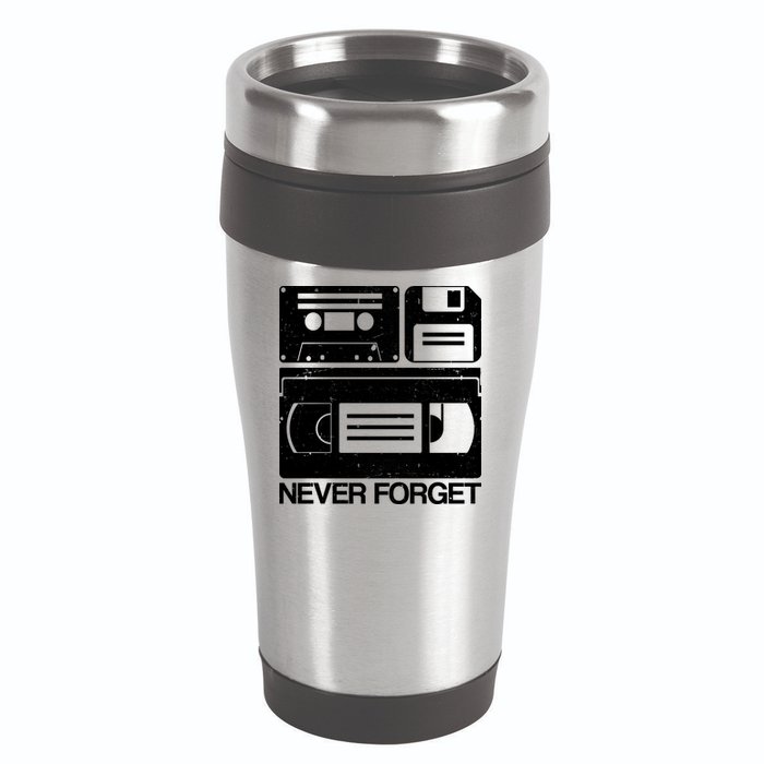 Retro Never Forget Cassette Floppy Disk VHS Tape 16oz Travel Tumbler