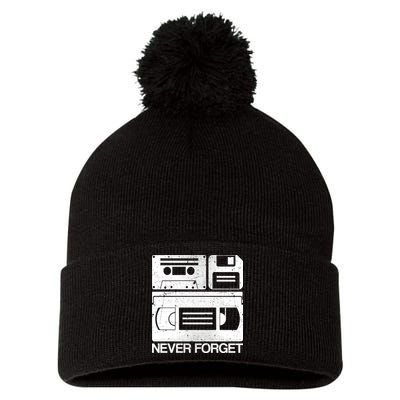 Retro Never Forget Cassette Floppy Disk VHS Tape Pom Pom 12in Knit Beanie