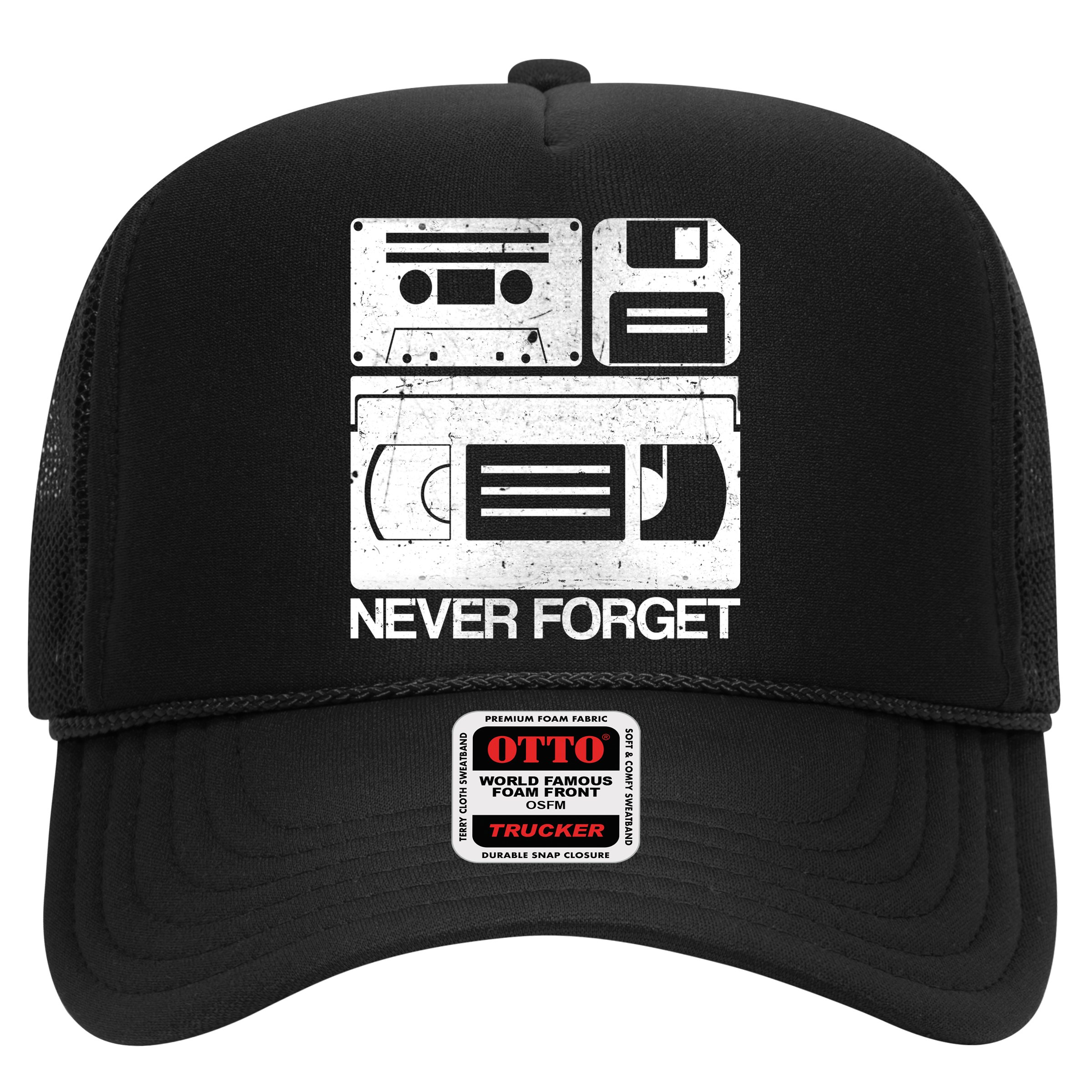 Retro Never Forget Cassette Floppy Disk VHS Tape Trucker Hat